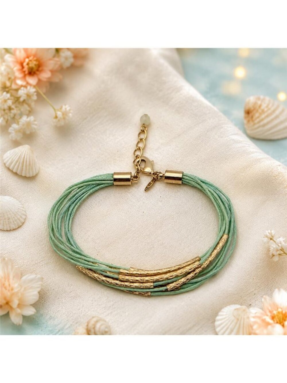 Aqua Multi Strand Cord Gold Tone Tube Bracelet SHB Shofel Bros Vintage